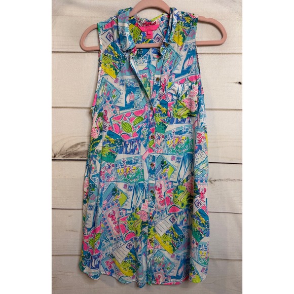 Lilly Pulitzer Tops - Lilly Pulitzer Sleeveless Button Down Shirt Wish You Were Here Postcard Print S